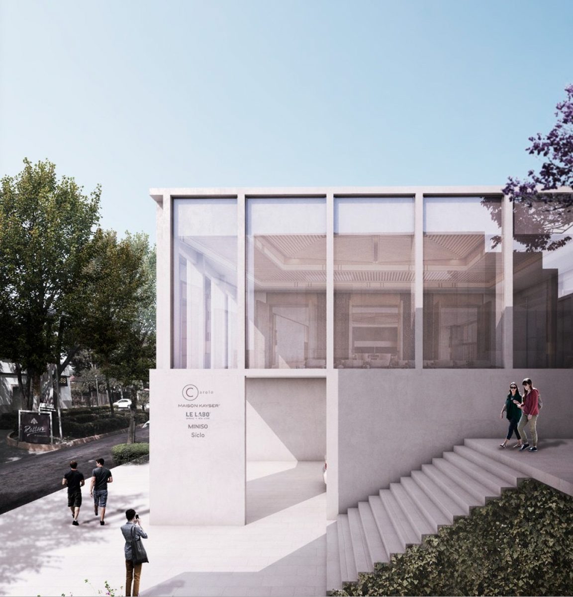 Render de la fachada de Andador Altavista, plaza comercial boutique en San Ángel